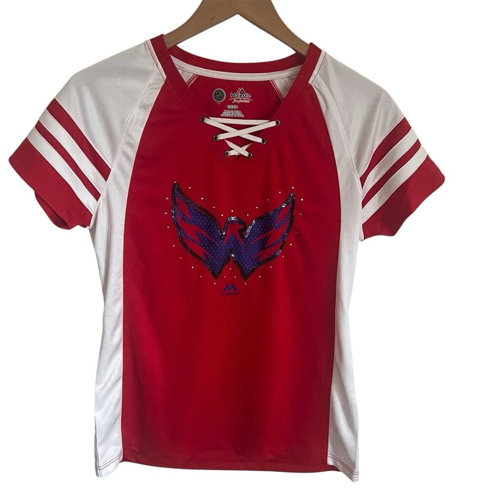 Washington Capitals Women's Top Size Medium Red Jersey Blue Sequin NHL Hockey